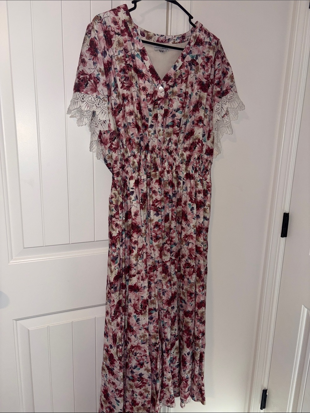 Baltic Born Burgundy and Cream Floral Lace-Trim Maxi Dress